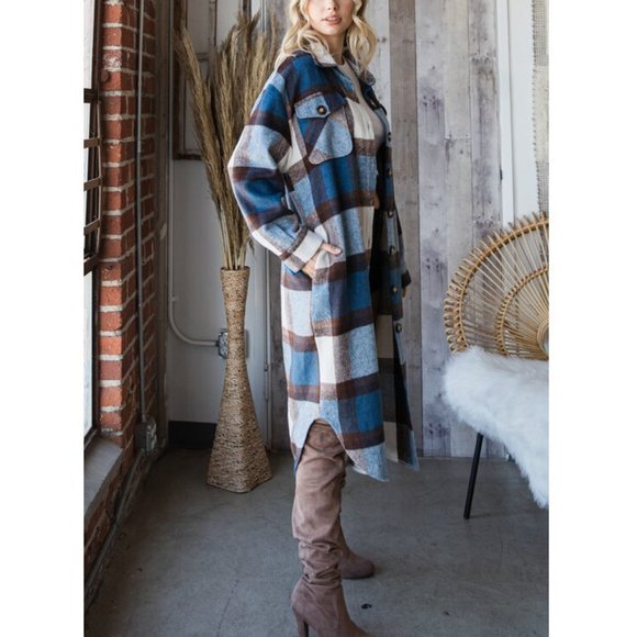 Plaid Oversized Long Shirt Jacket Shacket Coat - Picture 5 of 7